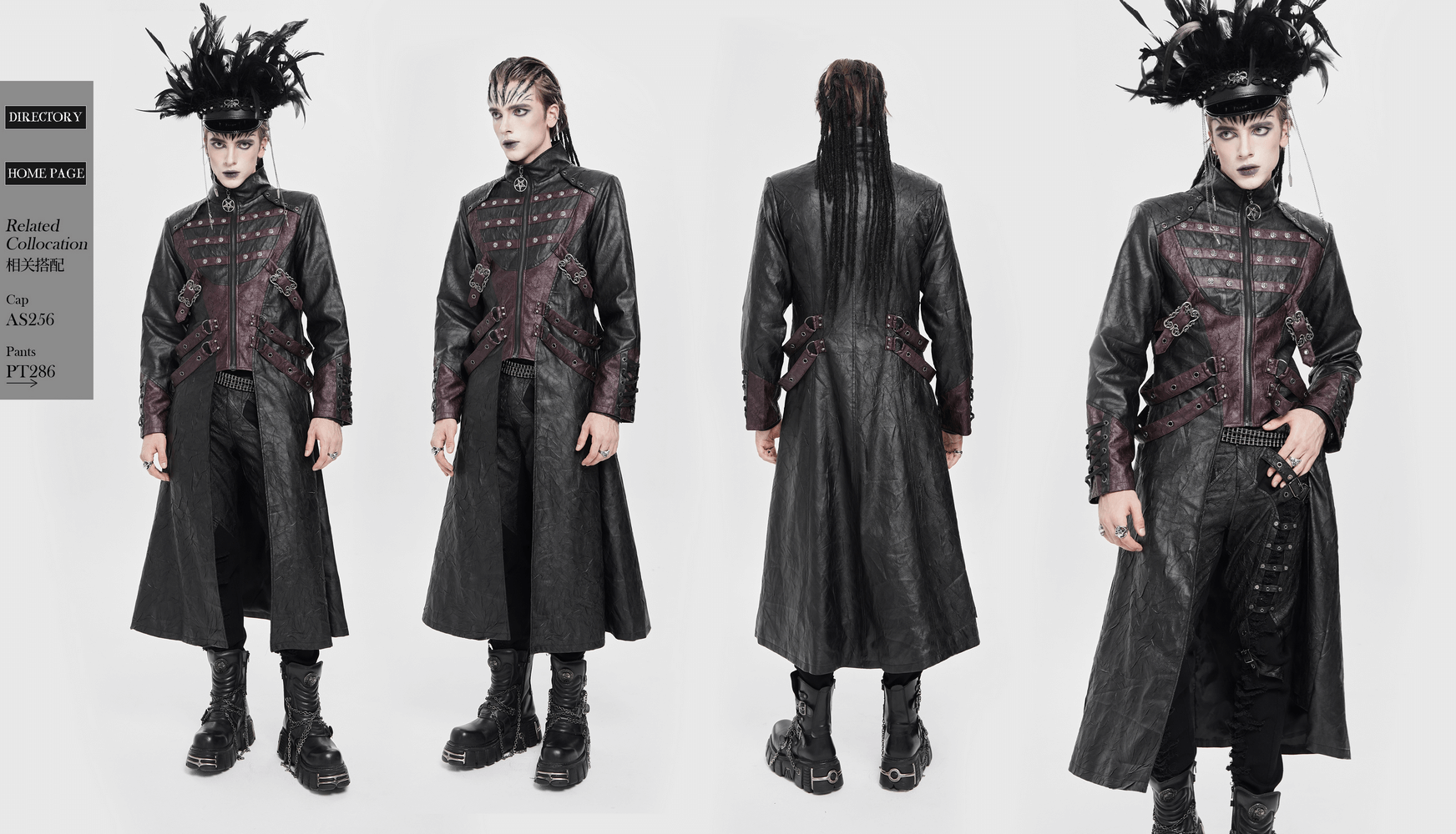 Gothic Long Coat with Buckled Panels and Metal Accents showcased from multiple angles