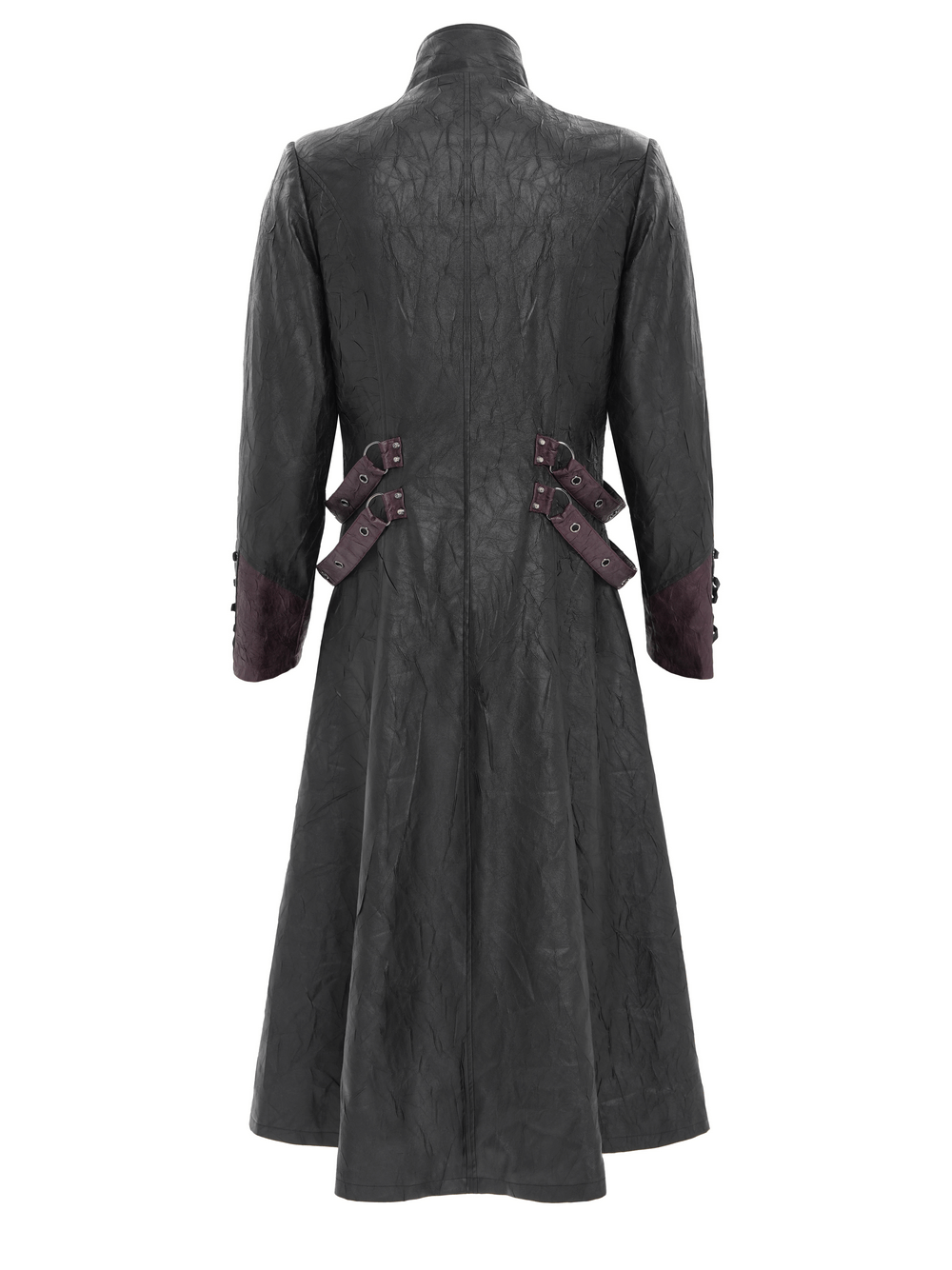 Gothic Long Coat with Buckled Panels and Metal Accents, showcasing detailed buckles on the back.