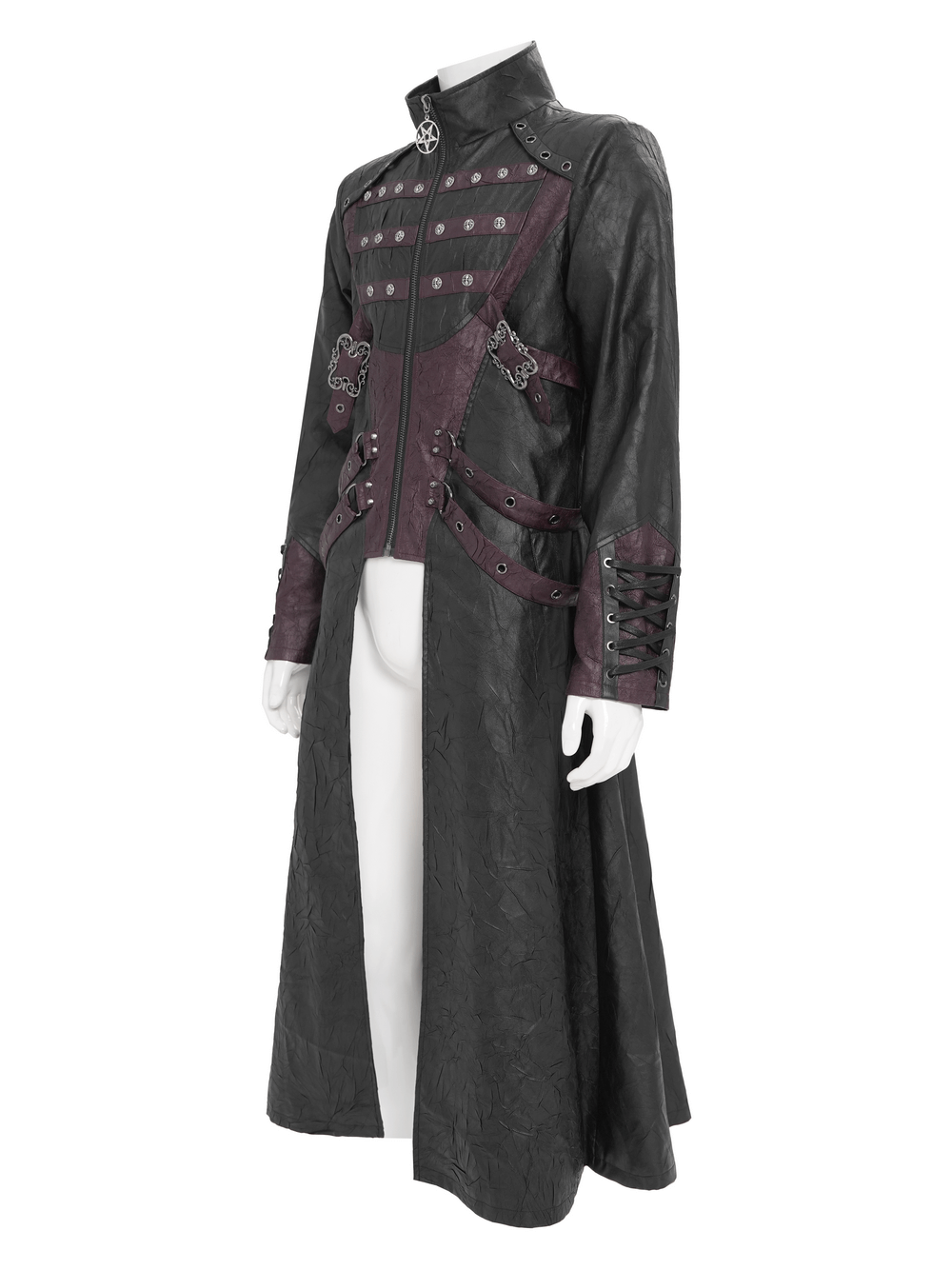 Gothic Long Coat with Buckled Panels and Metal Accents showcased on a mannequin with a dramatic stylish design.