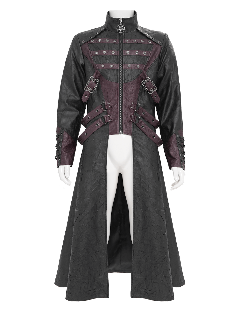 Gothic Long Coat with Buckled Panels and Metal Accents displayed on a mannequin, featuring stylish detailing.