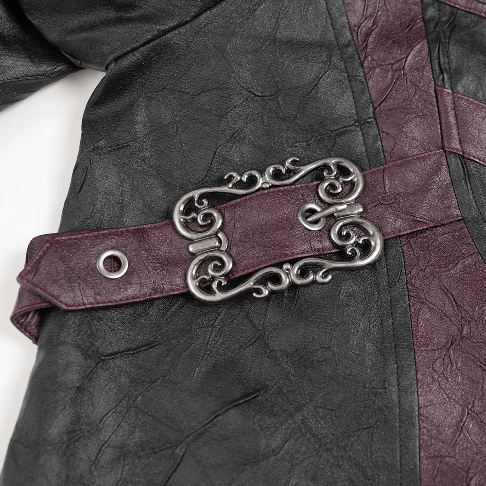 Close-up of the buckle detail on the Gothic Long Coat with Buckled Panels and Metal Accents.