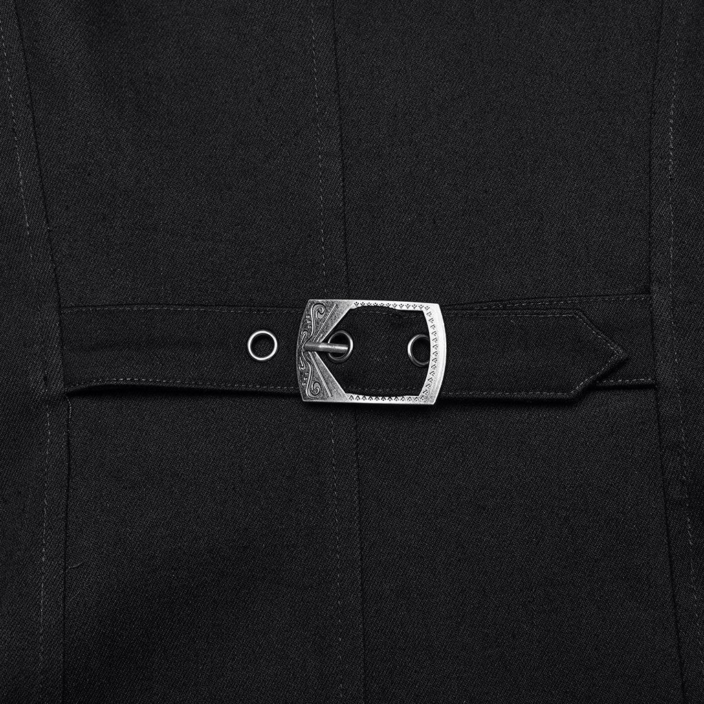 Close-up of the gothic long coat's stylish buckle detail on black denim fabric.