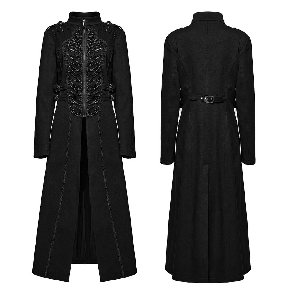 Gothic long coat featuring chain and buckle details, combining punk style with elegant craftsmanship.