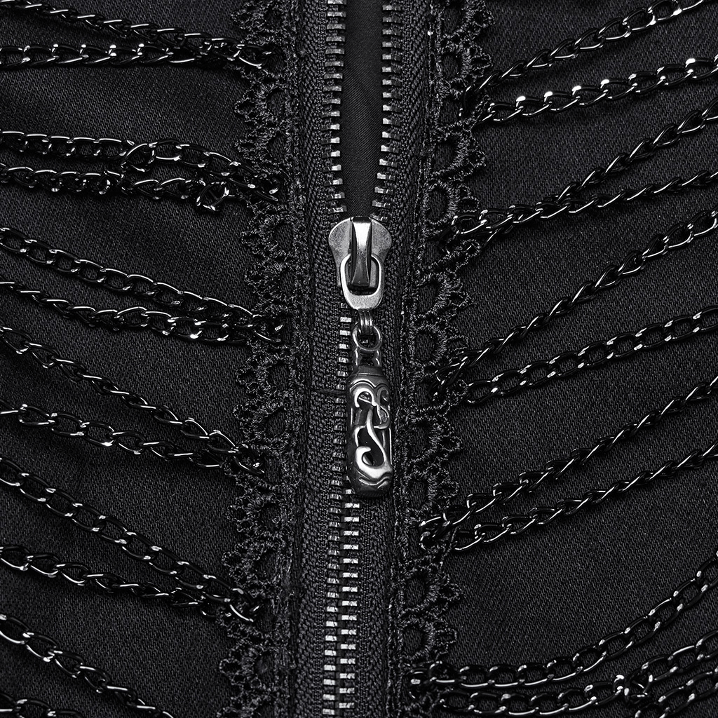 Close-up of gothic coat zipper with lace and chain detailing, showcasing punk style and intricate craftsmanship.