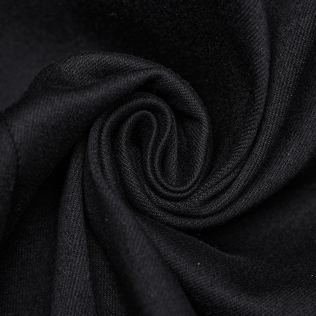 Close-up of soft black elastic denim fabric, showcasing its rich texture and quality for gothic fashion designs.