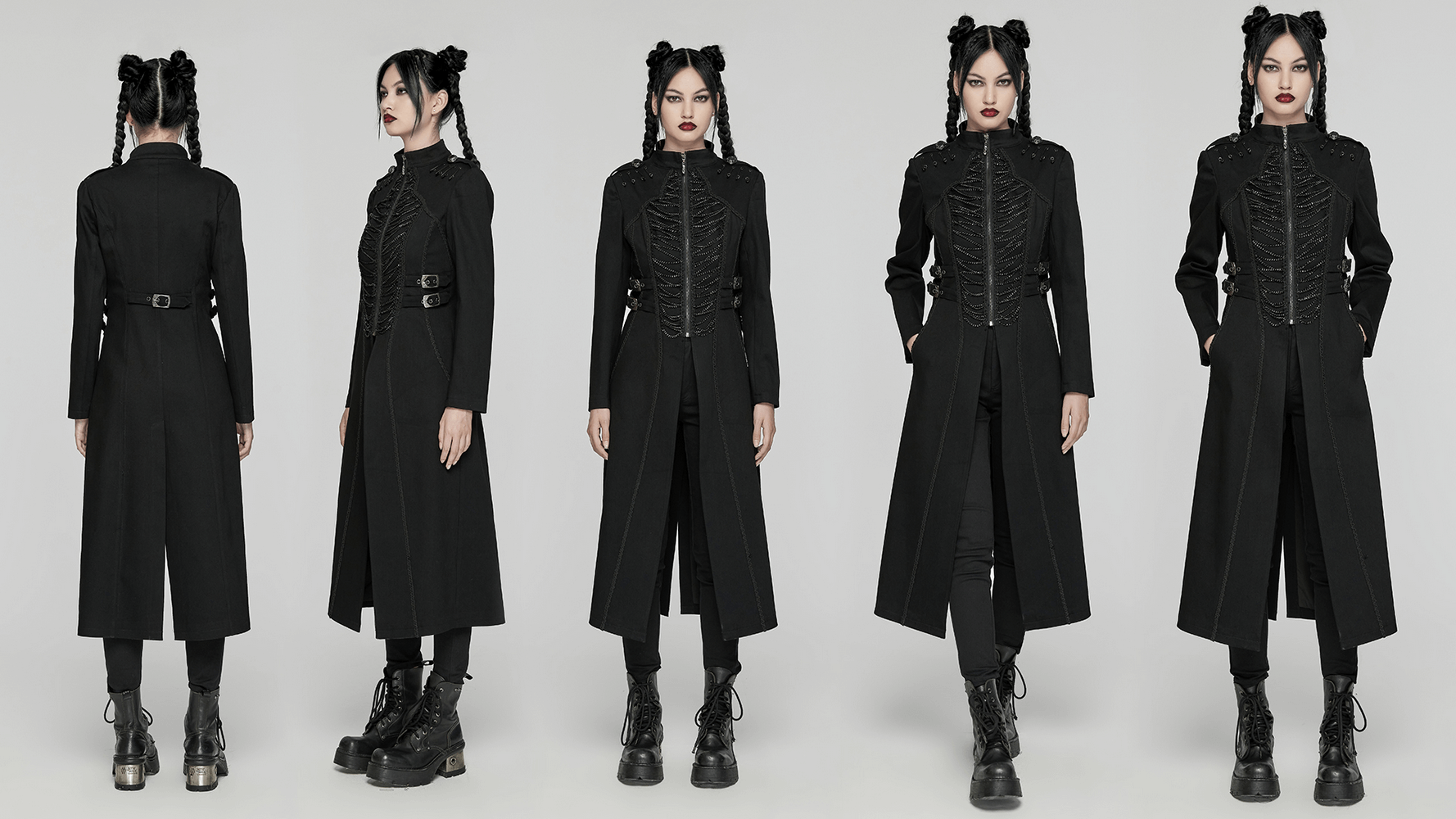 Gothic long coat with chains and buckles, showcasing punk elegance and intricate detailing from multiple angles.