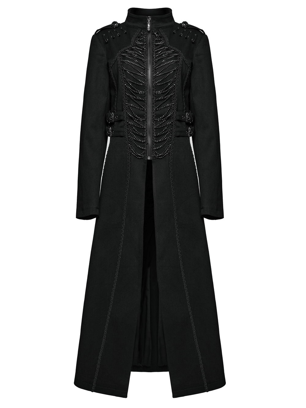 Gothic long coat with chain and buckle details, blending punk style with elegant design in black denim.