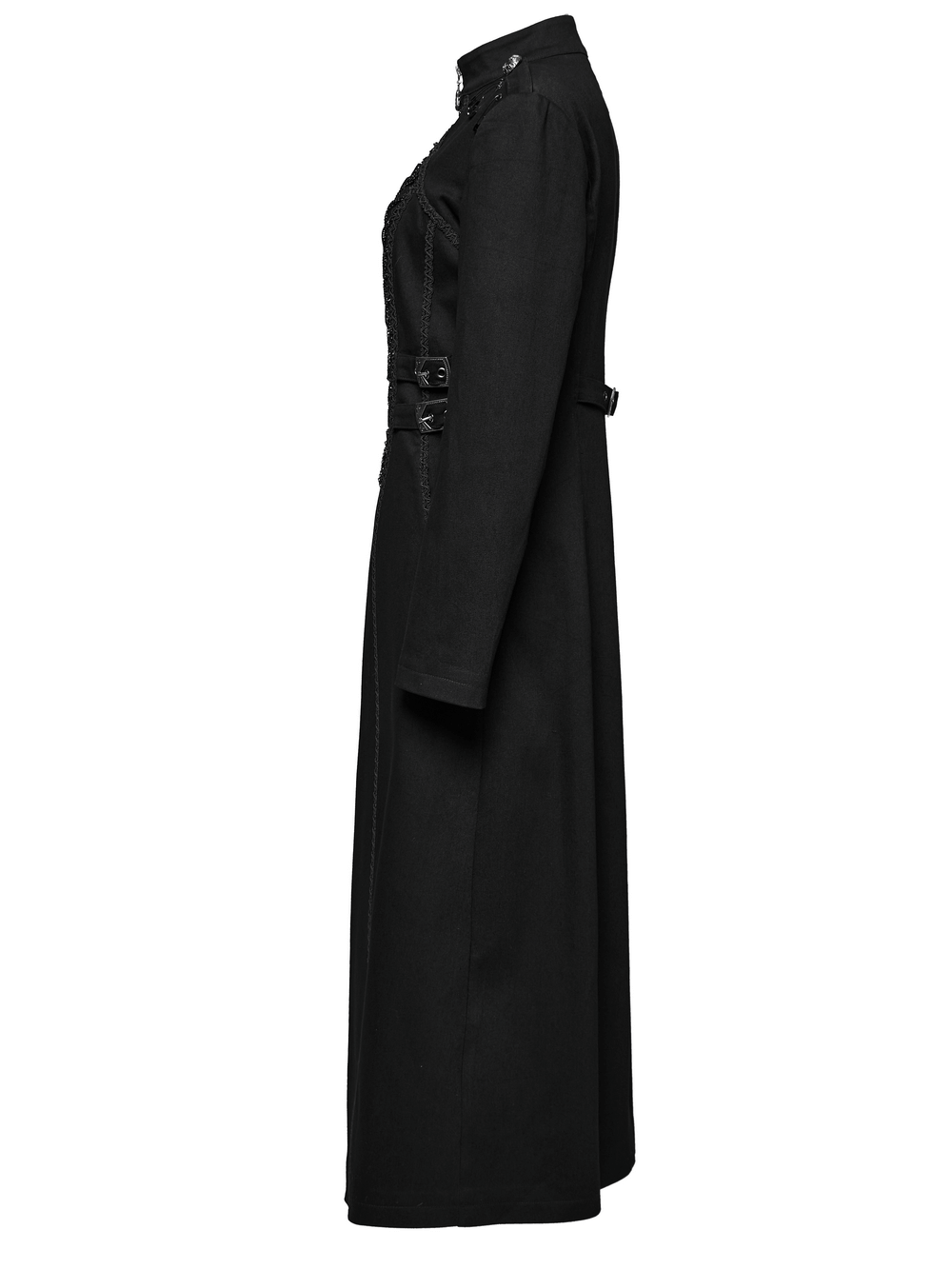 Gothic long coat in black with lace accents, chains, and buckle details, showcasing its punk elegance and bold style.