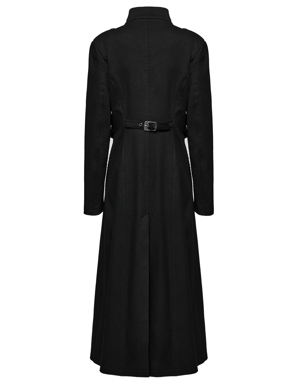 Back view of a gothic long coat featuring a sleek design and buckle detail, showcasing punk elegance and style.