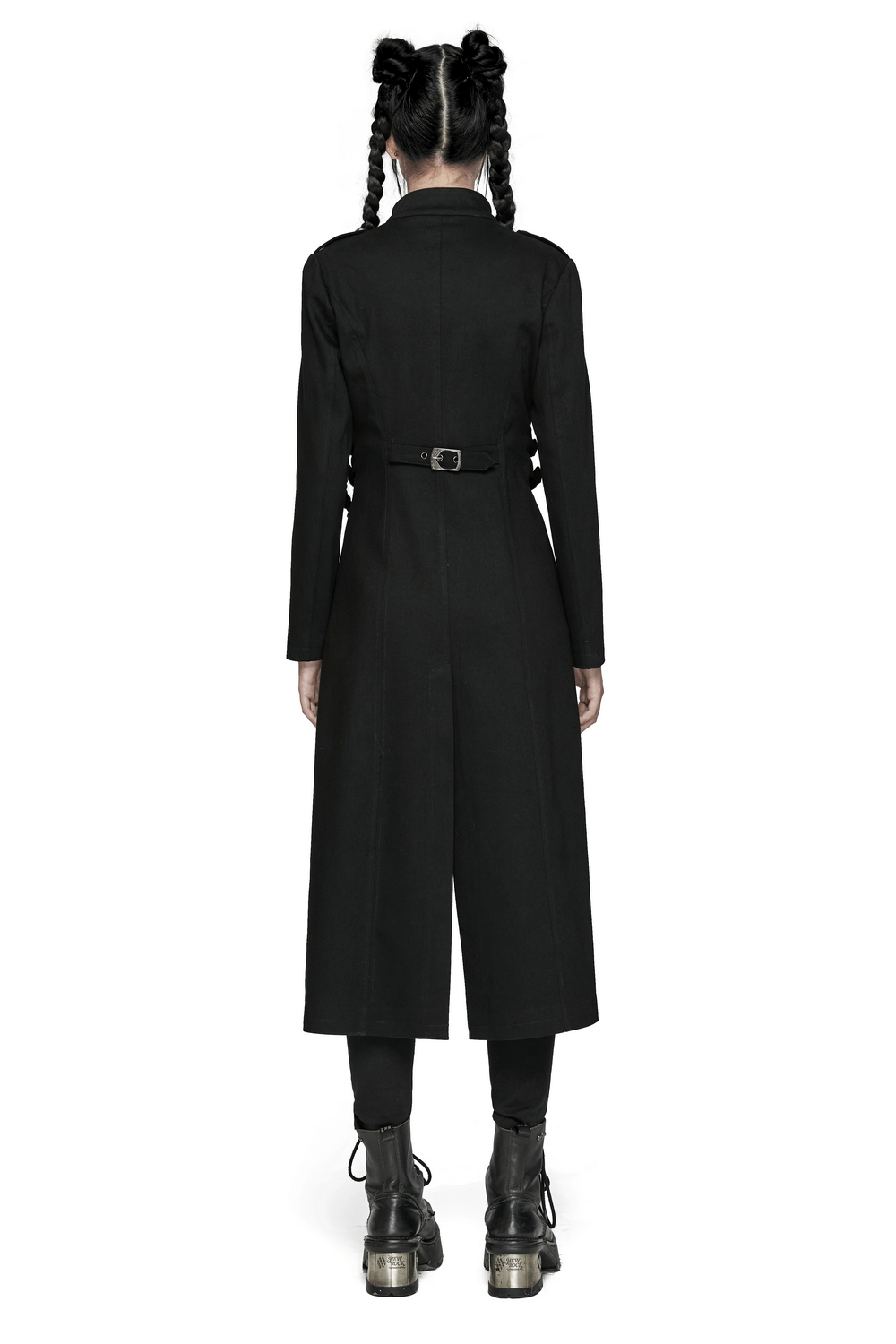 Gothic long coat with buckles, showcasing a sleek back view and elegant silhouette for a bold punk style.