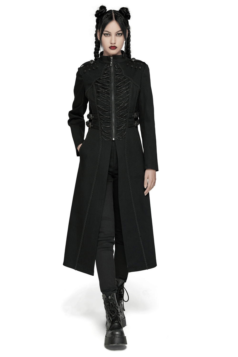 Gothic long coat with chains and lace, featuring intricate buttons and a bold punk style, perfect for a striking look.