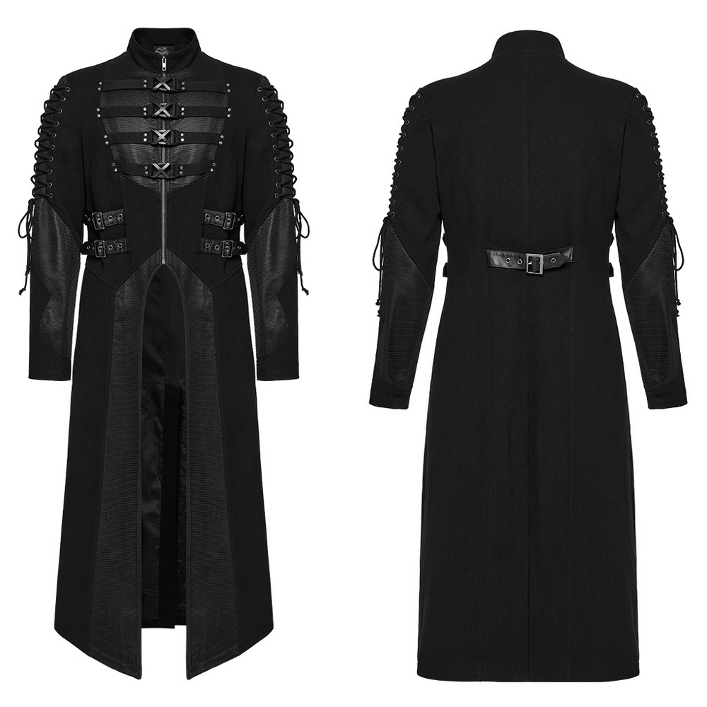 Gothic long coat with X-buckles and mesh accents, showcasing a punk aesthetic and layered splicing design.