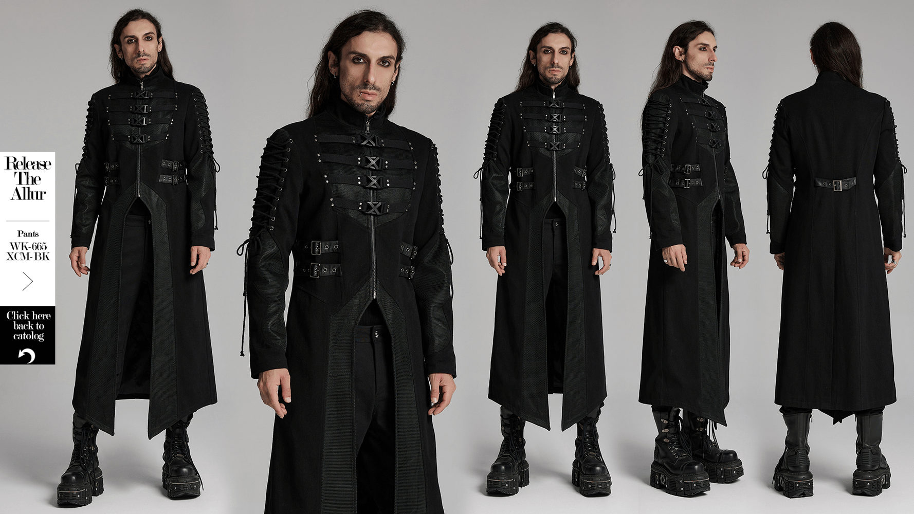 Gothic long coat with X-buckles and mesh accents, showcasing punk style and layered splicing design.