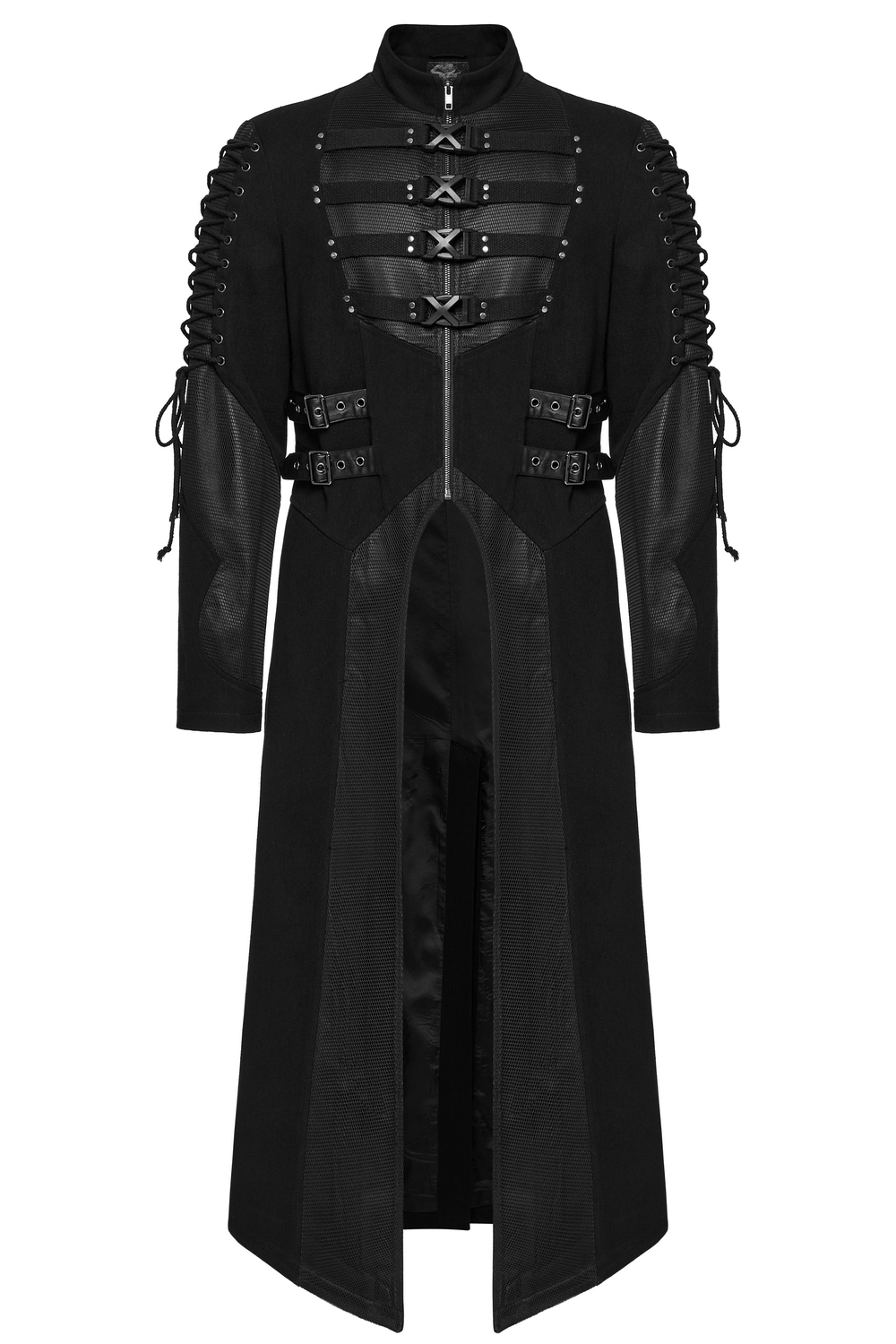 Gothic long coat featuring X-buckles, mesh accents, and a bold punk design with adjustable arm straps.