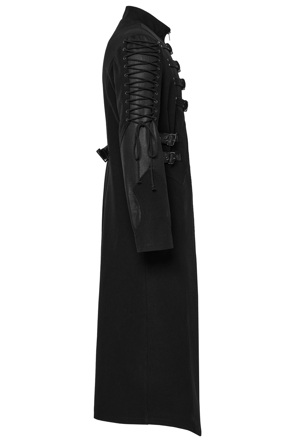 Gothic long coat featuring X-buckles, layered splicing, and adjustable straps for a bold punk aesthetic.