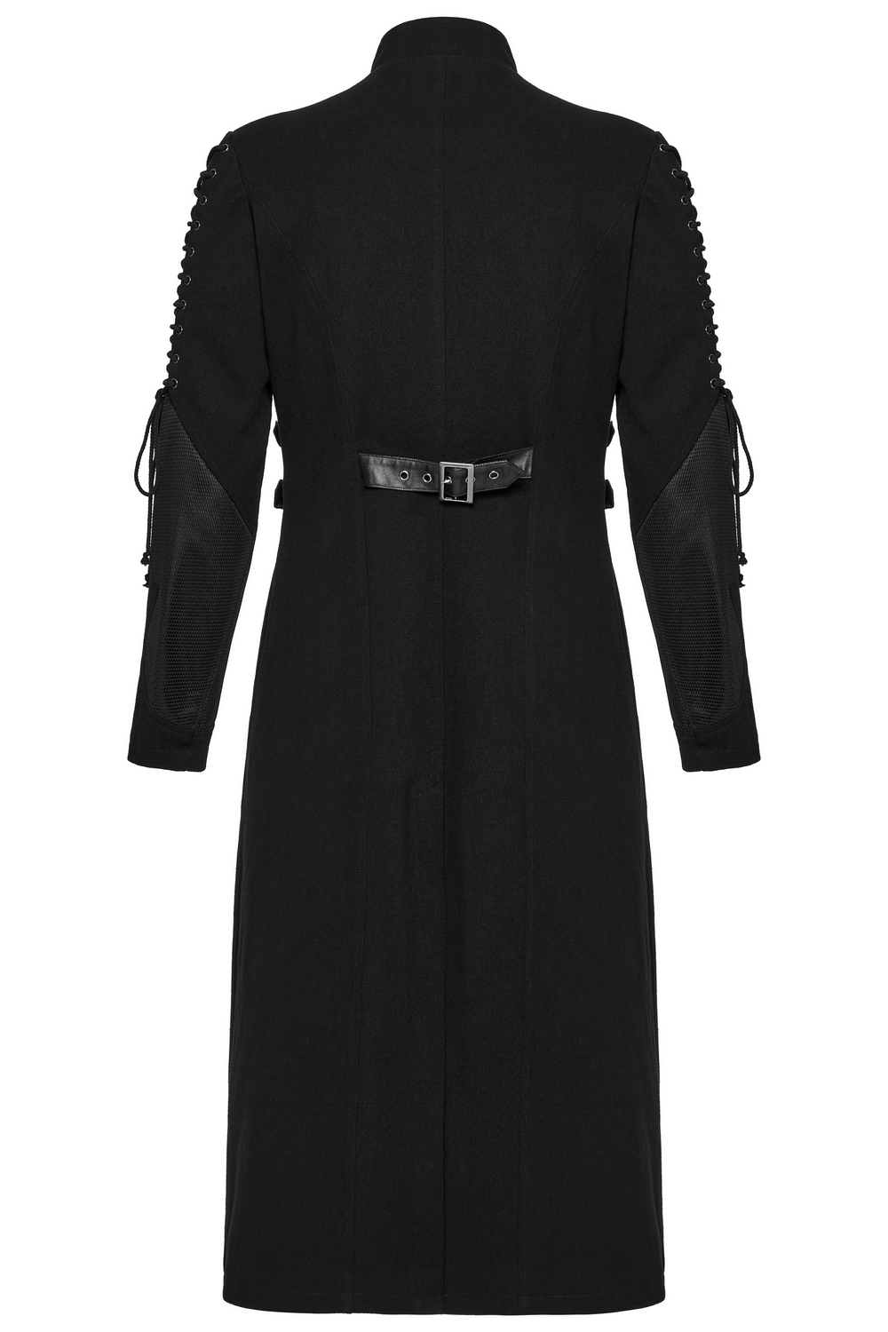 Back view of Gothic long coat with X-buckles, mesh accents, and layered splicing design for a punk aesthetic.