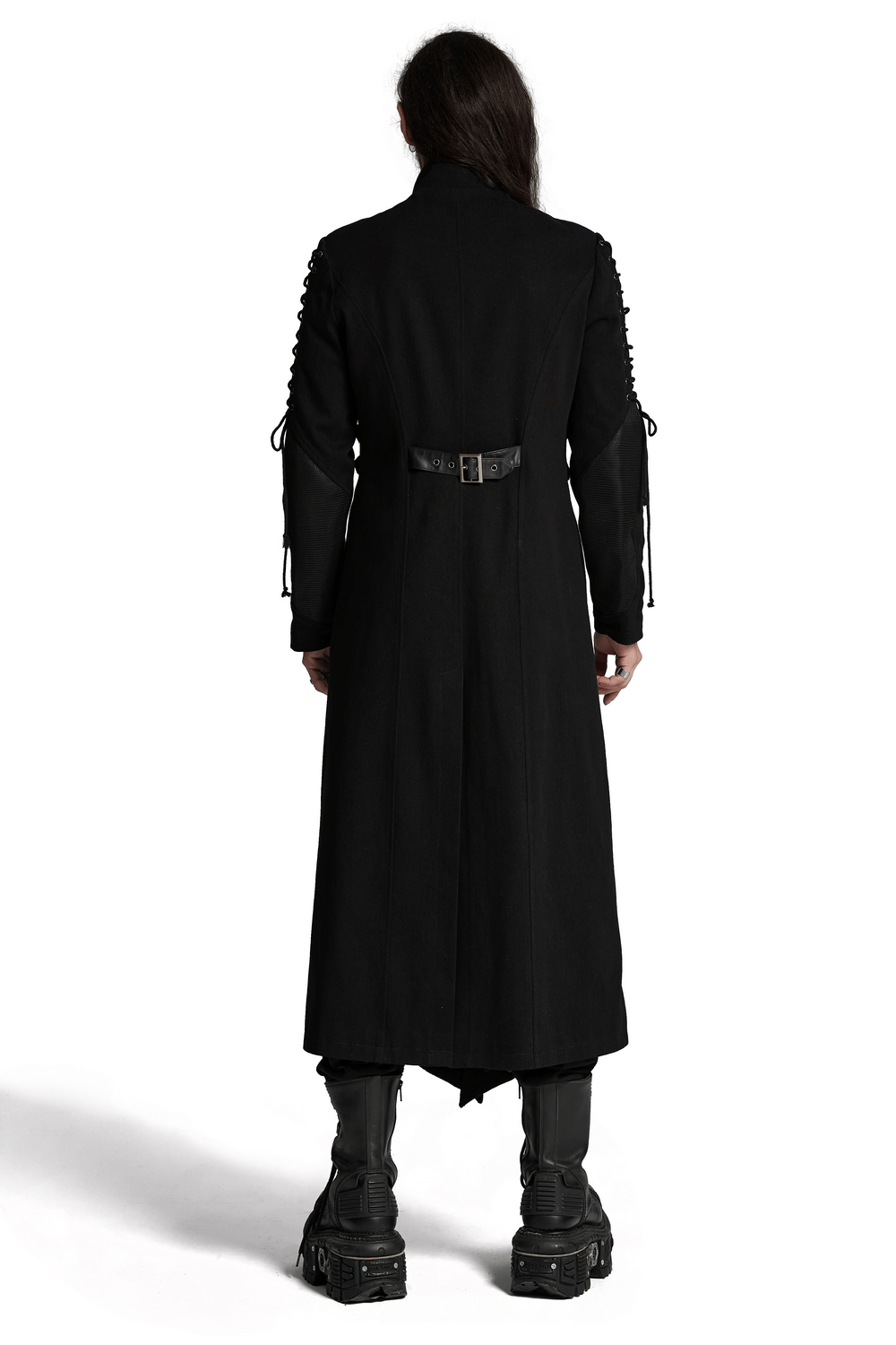 Back view of a gothic long coat with X-buckles and mesh accents, showcasing layered splicing design and adjustable arm straps.