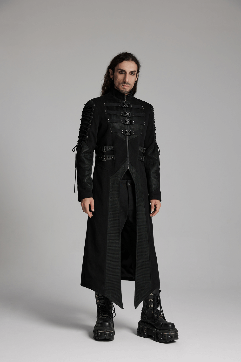 Gothic long coat with X-buckles and mesh accents on a model, showcasing punk wild vision trench style.