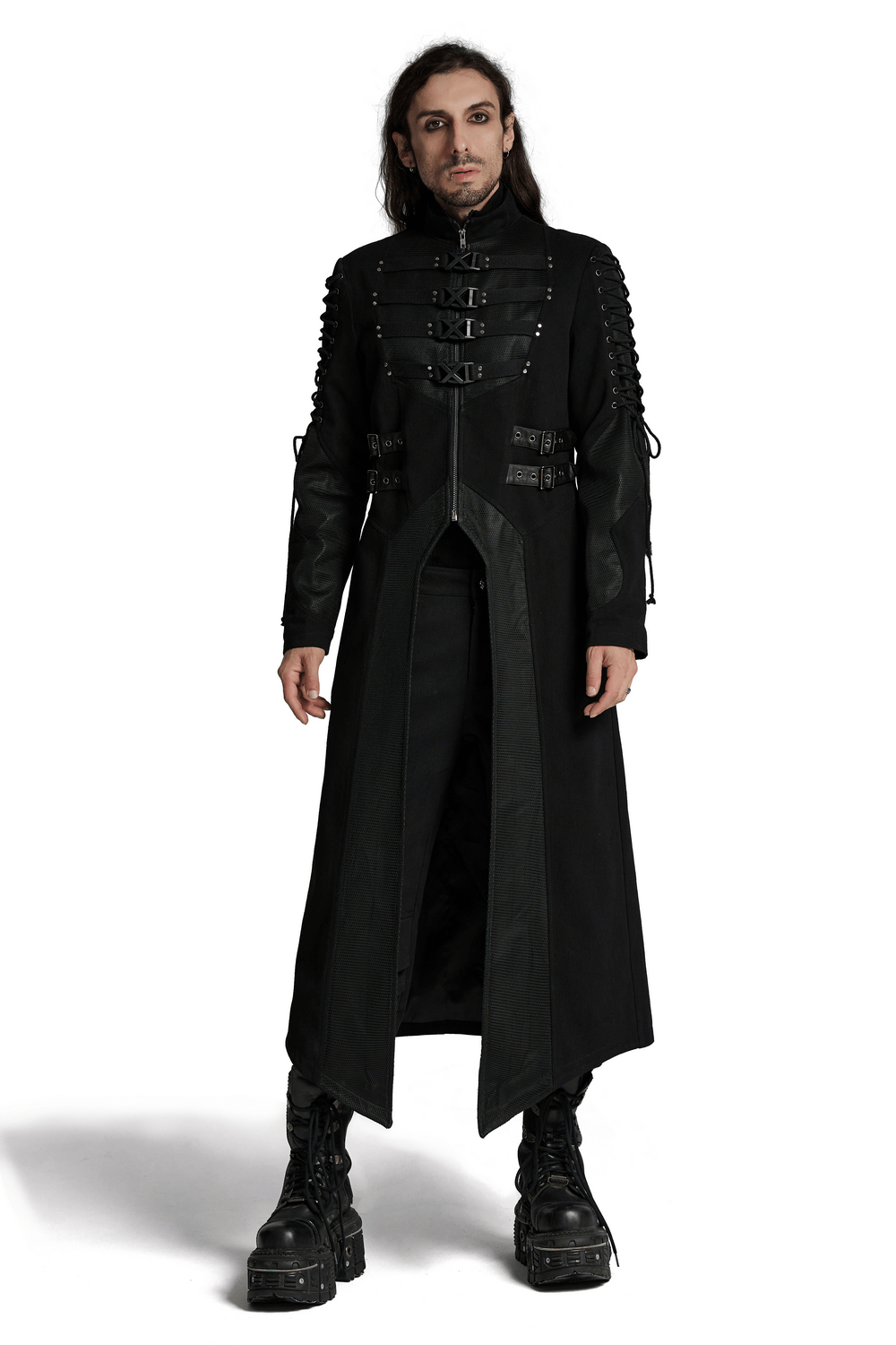 Gothic long coat with X-buckles, mesh accents, and a layered splicing design for a bold punk aesthetic.