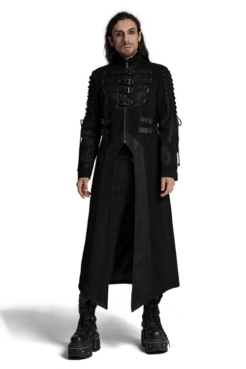 Gothic-Langmantel mit X-Schnallen und Mesh-Akzenten