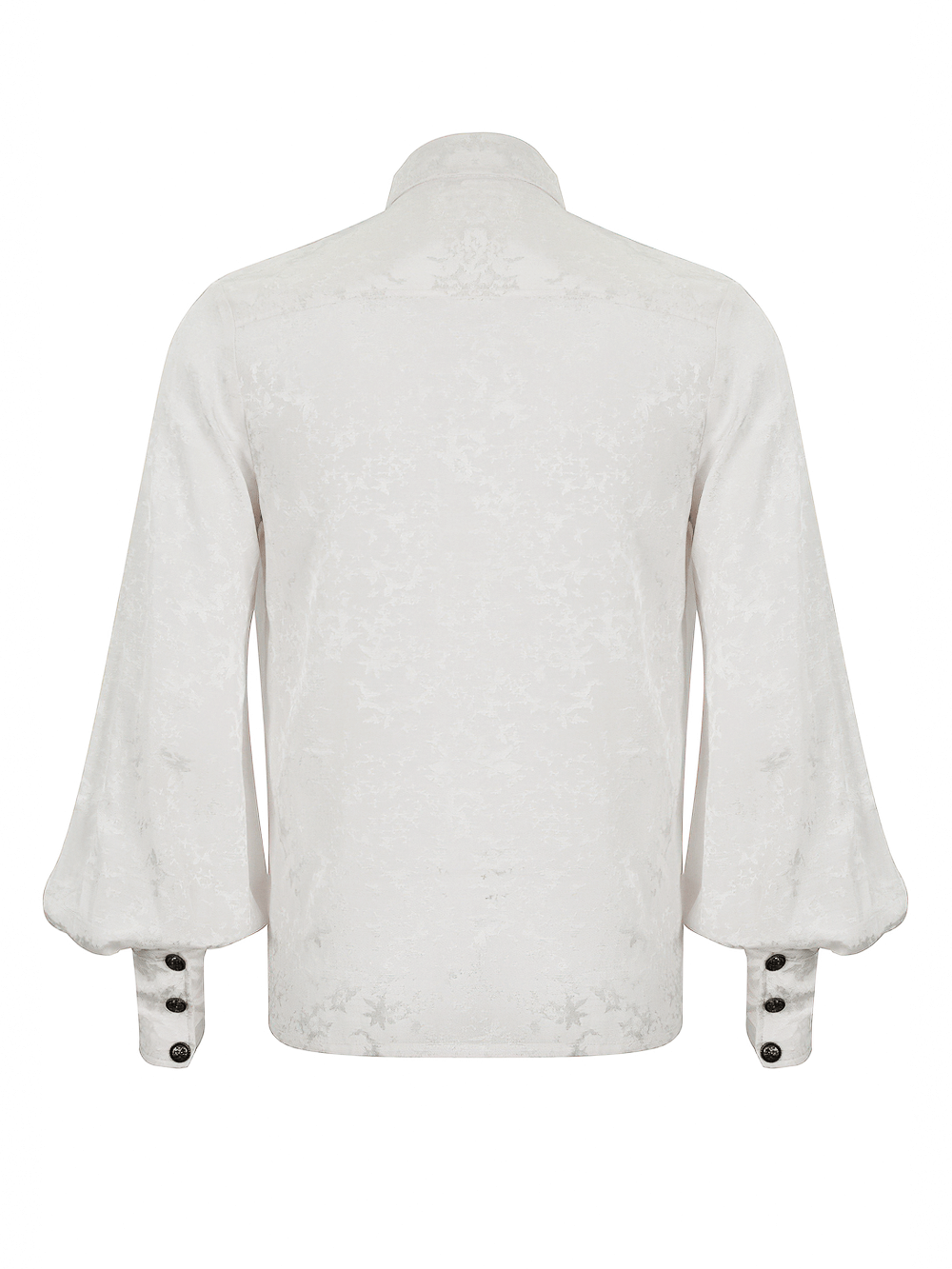 Back view of Gothic white long lantern sleeves shirt with lace ruffles and buttoned cuffs for men.