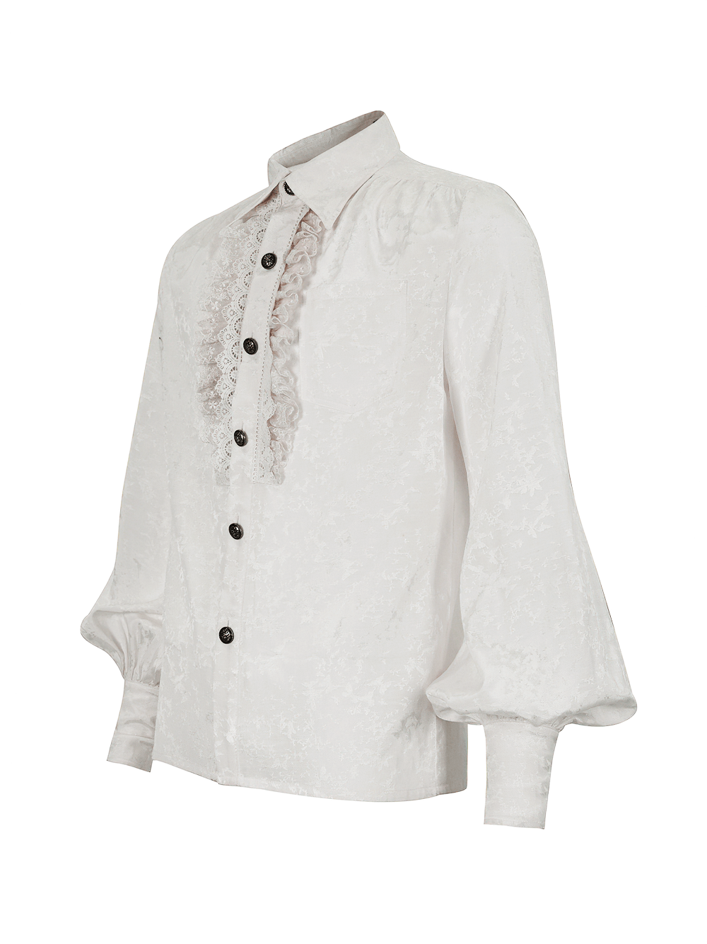 Gothic men's white long lantern sleeves shirt with lace ruffles, vintage style, elegant jacquard design.