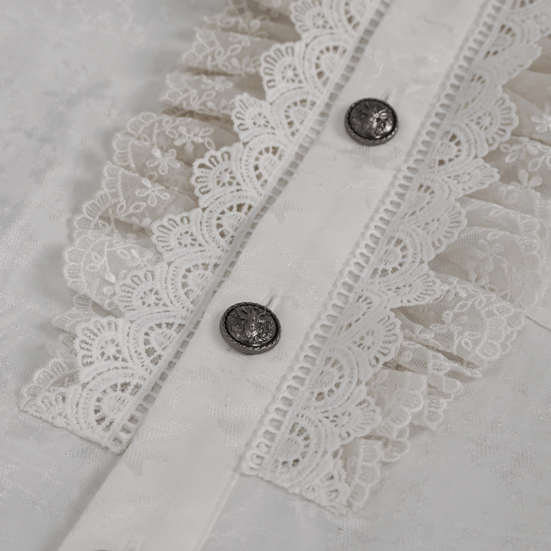 Close-up of lace ruffles and buttons on a men's gothic style white shirt with vintage design.