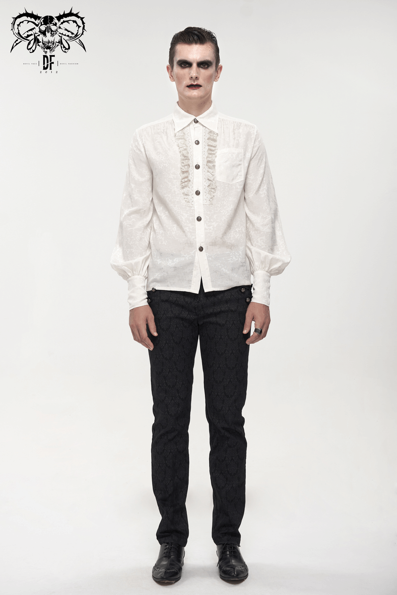 Gothic male model wearing a white long lantern sleeves shirt with lace ruffles and stylish black pants.