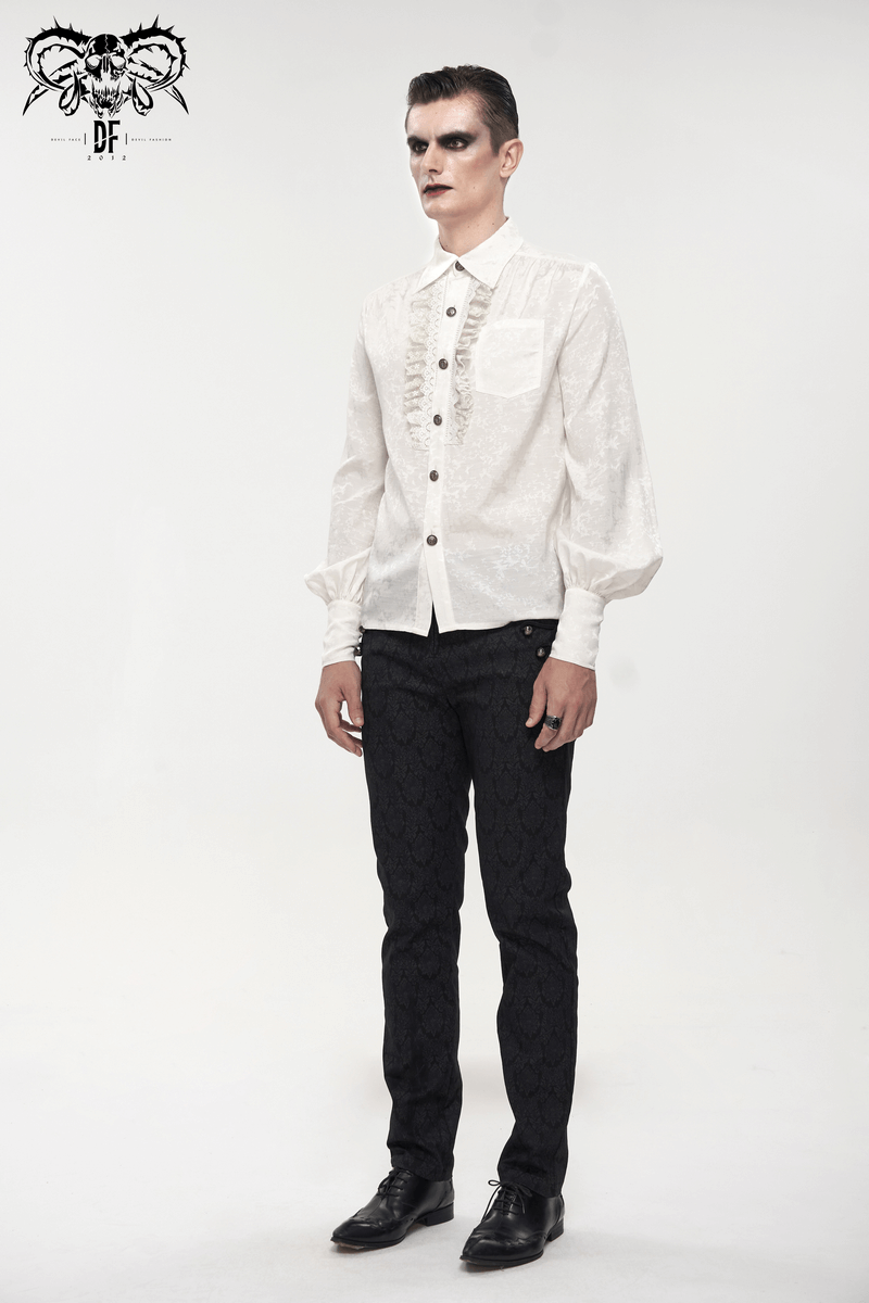 Gothic male model showcasing white lantern sleeves shirt with lace ruffles and vintage style.