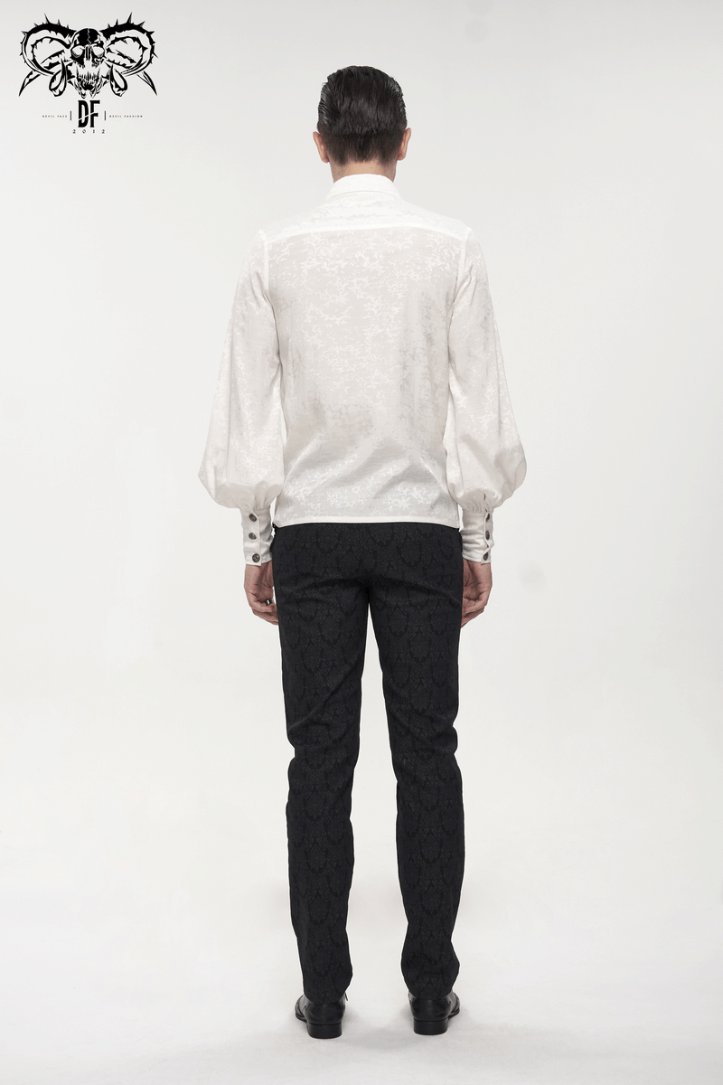 Back view of a man wearing a gothic style white lantern sleeves shirt with black patterned trousers.
