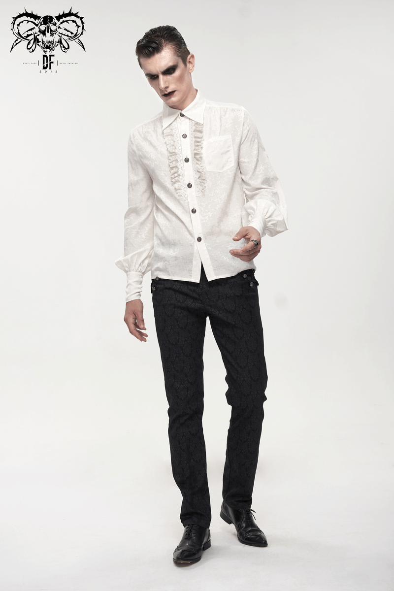 Gothic men's white shirt with lantern sleeves and lace ruffles, styled with black patterned pants.