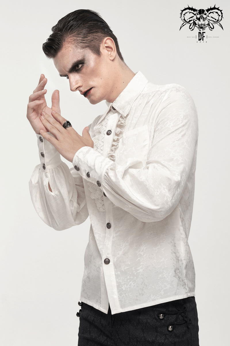 Gothic male model wearing a white lantern sleeves shirt with lace ruffles, showcasing vintage elegance and style.