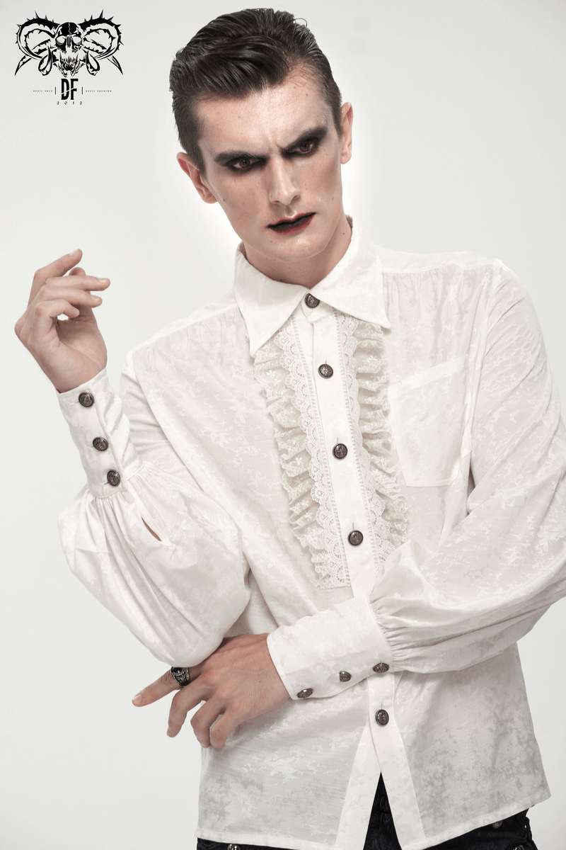 Gothic Long Lantern Sleeves Shirt / Male Jacquard White Shirt with Lace Ruffles - HARD'N'HEAVY