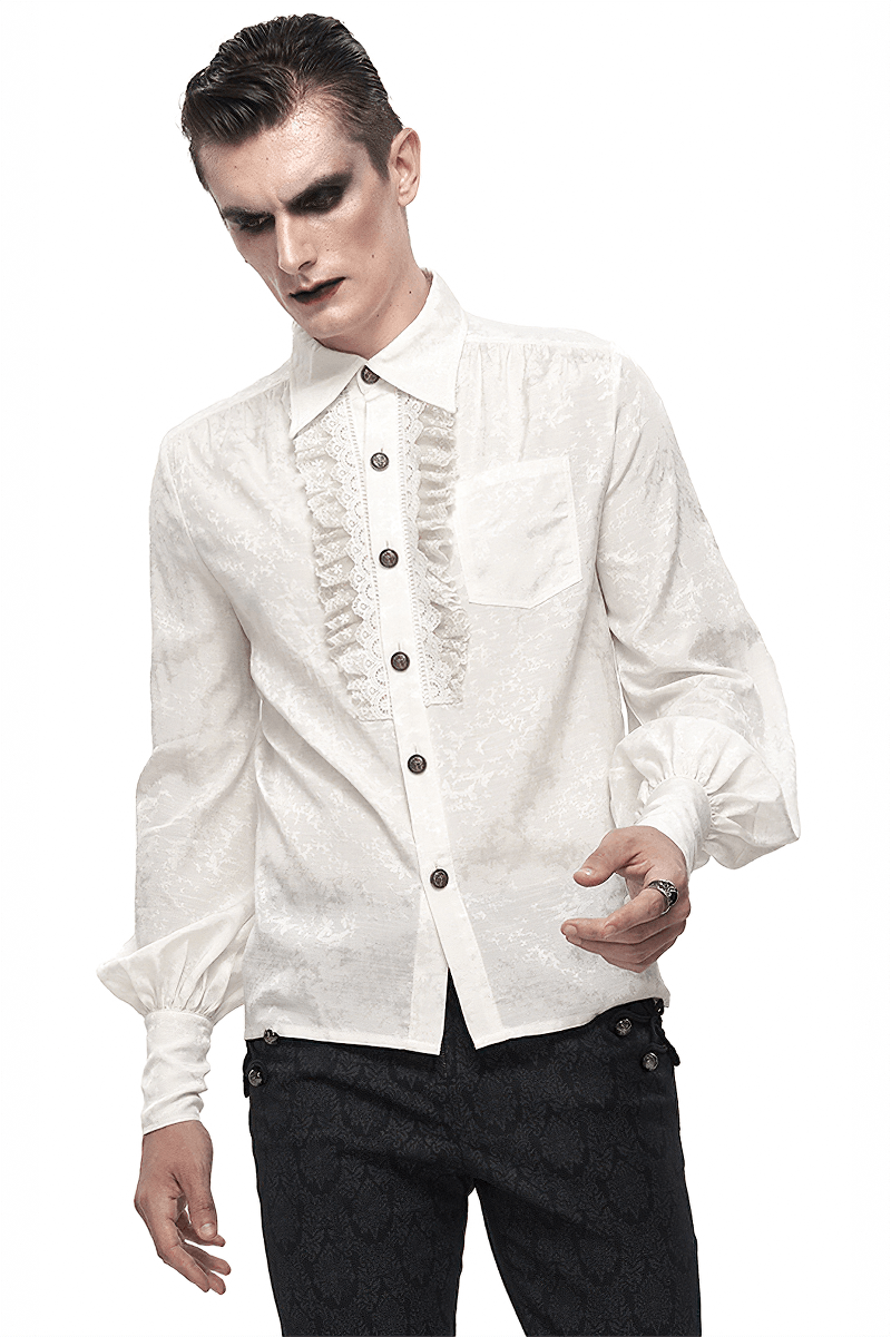 Gothic Long Lantern Sleeves Shirt / Male Jacquard White Shirt with Lace Ruffles - HARD'N'HEAVY