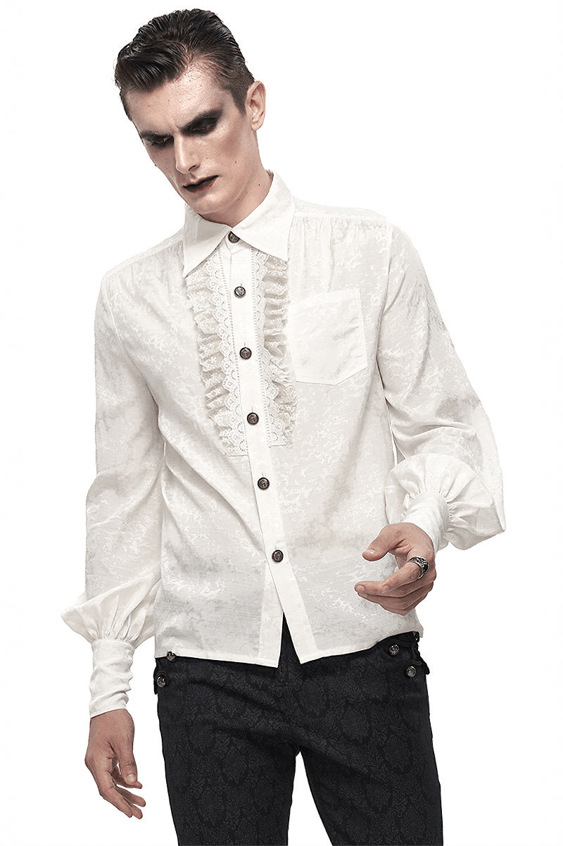 Gothic men's white lantern sleeves shirt with lace ruffles and vintage cut, styled elegantly for a dramatic look.