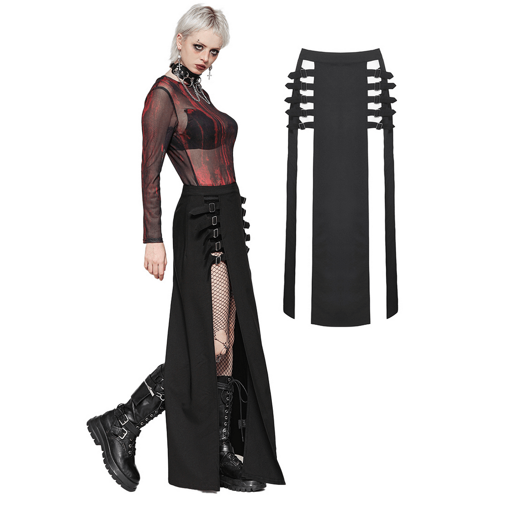 Gothic long skirt with side cutouts and buckle straps, styled with a sheer top and combat boots.