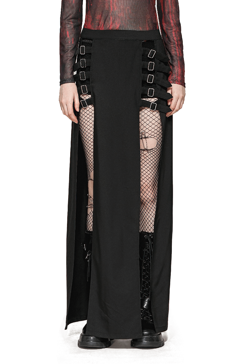 Gothic long skirt featuring side cutouts and buckle straps, paired with edgy fishnet stockings and chunky boots.