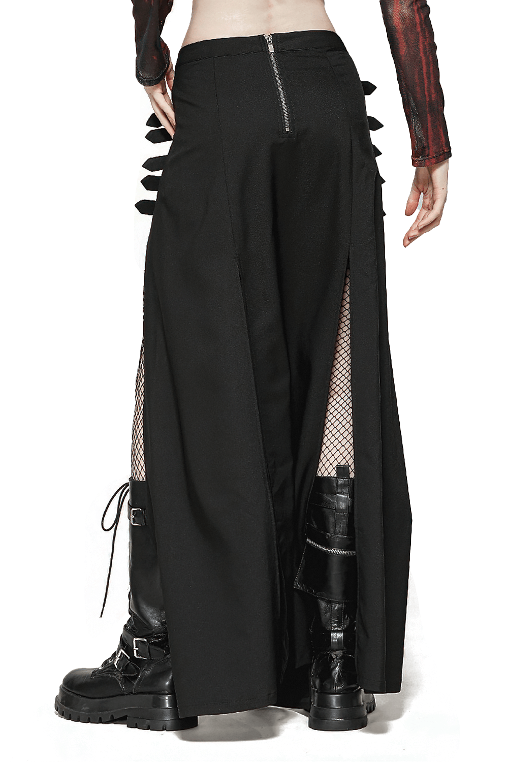 Gothic long skirt featuring edgy side cutouts and buckle straps, stylishly paired with combat boots.