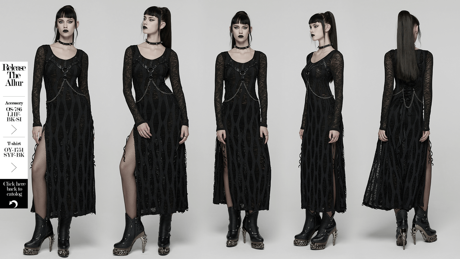 Gothic Long Sleeve Black Dress with Chains and Straps showcased from multiple angles with unique fashion details.