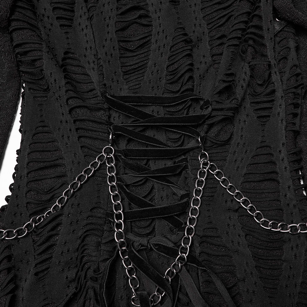 Gothic Long Sleeve Black Dress with Chains and Straps featuring decorative chest straps and dangling chains.