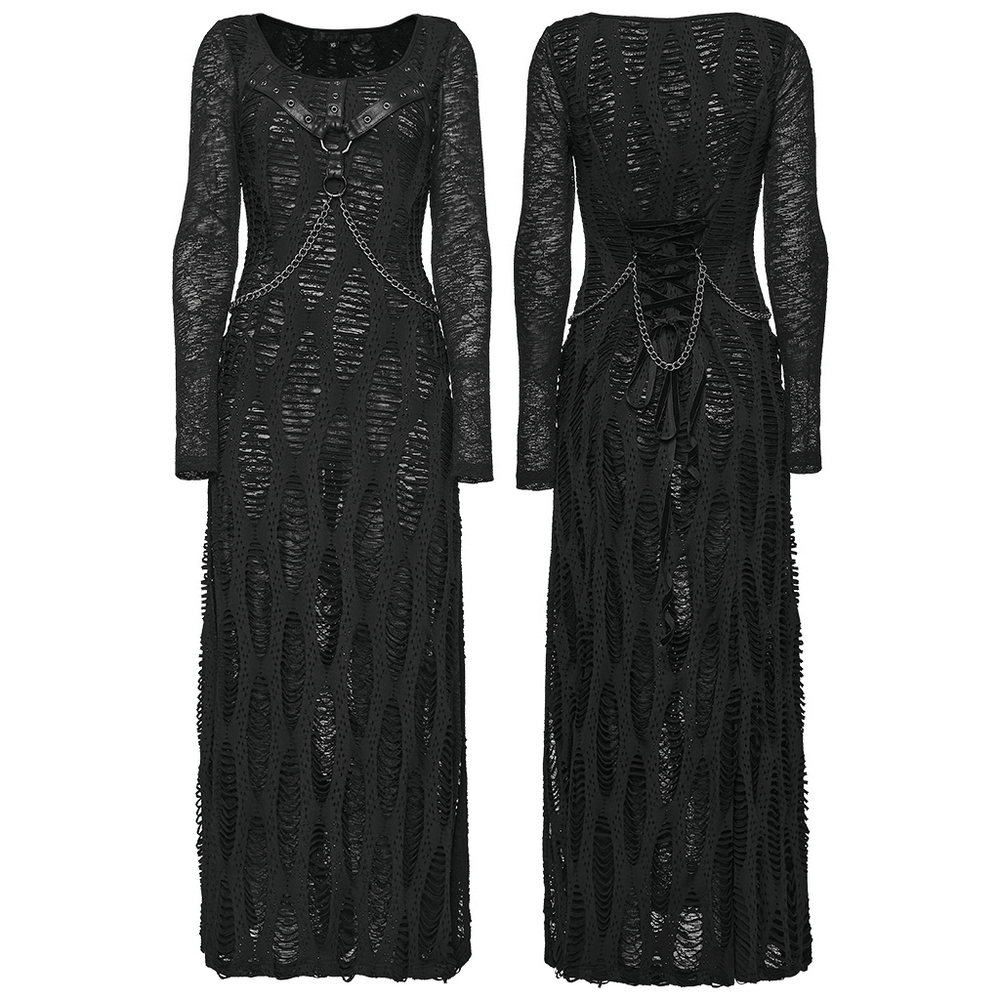Gothic Long Sleeve Black Dress with Chains and Straps showcasing a textured design and decorative chest straps.