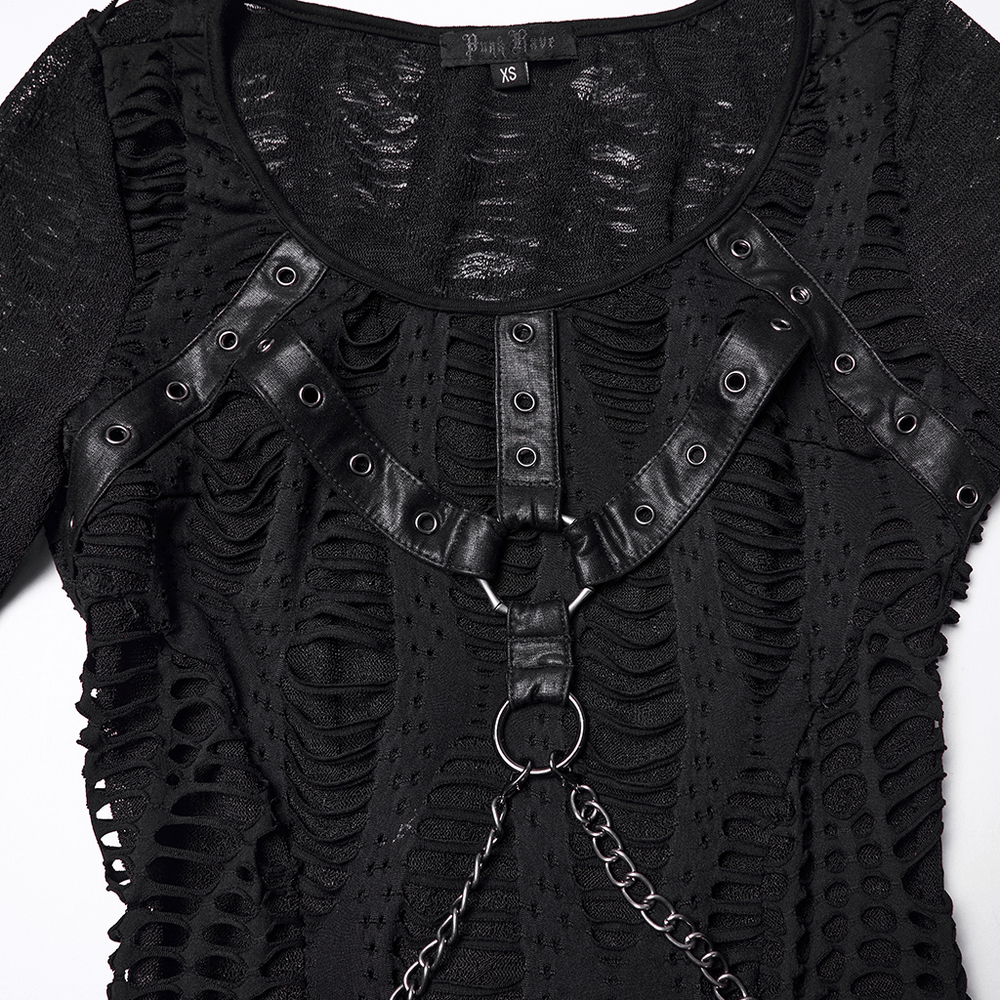 Gothic Long Sleeve Black Dress with Chains and Straps featuring decorative chest straps and chains on a textured black fabric.