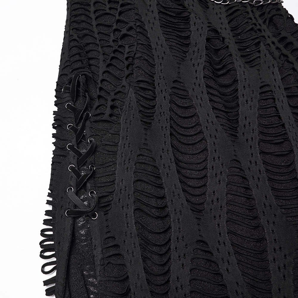 Gothic Long Sleeve Black Dress with Chains and Straps featuring unique textured fabric and lace-up detailing.