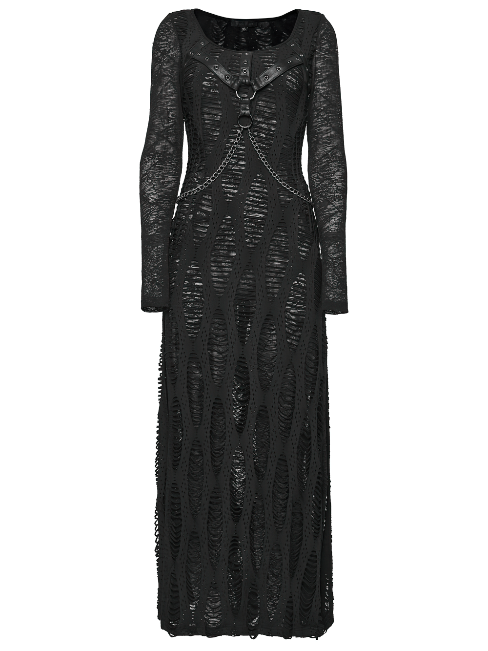 Gothic Long Sleeve Black Dress with Chains and Straps featuring decorative straps and a textured pattern.