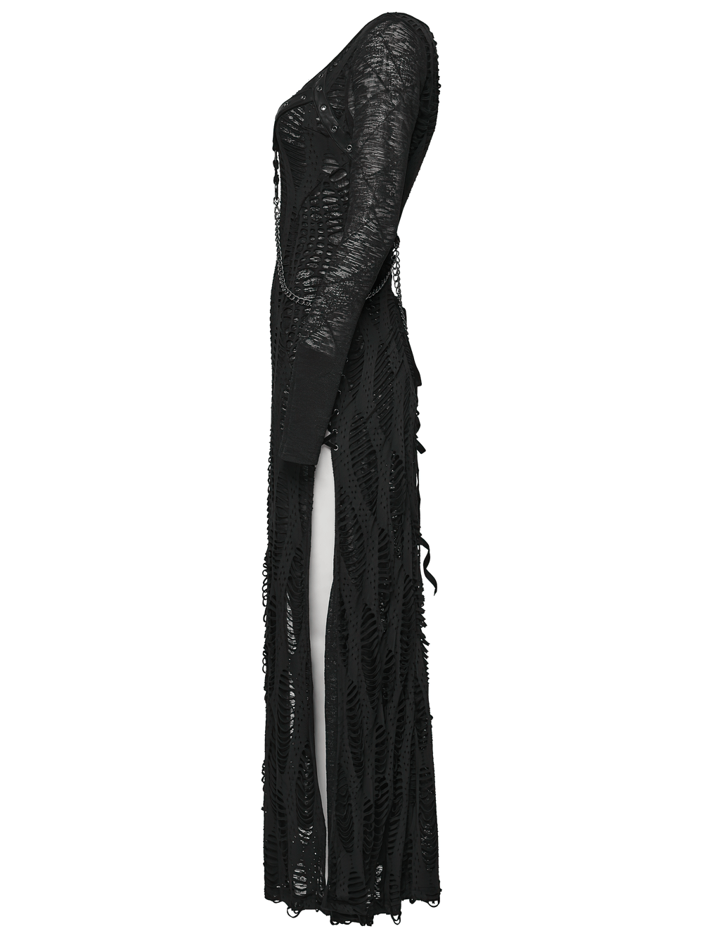 Gothic Long Sleeve Black Dress with Chains and Straps featuring a striking side view and decorative textured details.
