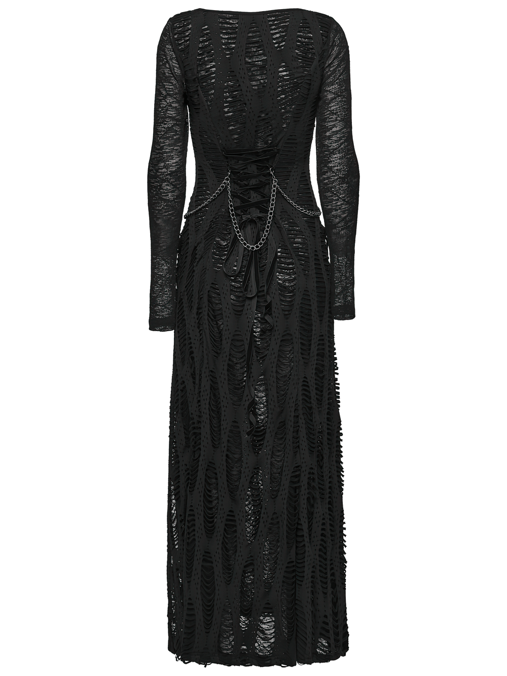 Gothic Long Sleeve Black Dress with Chains and Straps back view showcasing chains and textured design.