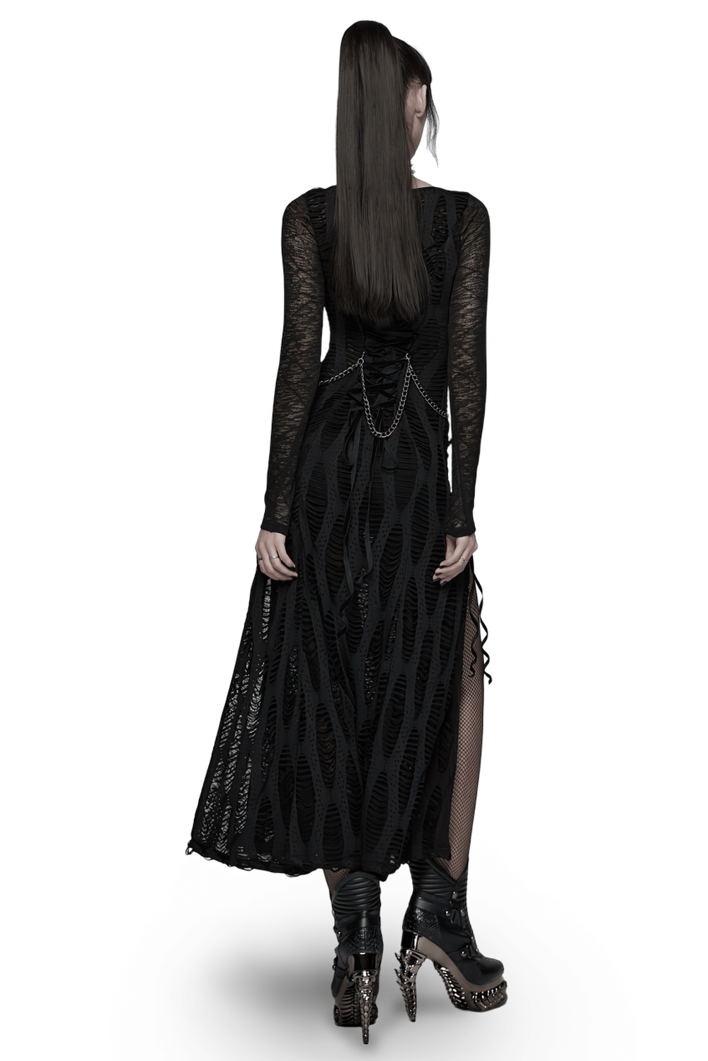Gothic Long Sleeve Black Dress with Chains and Straps back view showcasing intricate lace and chains.
