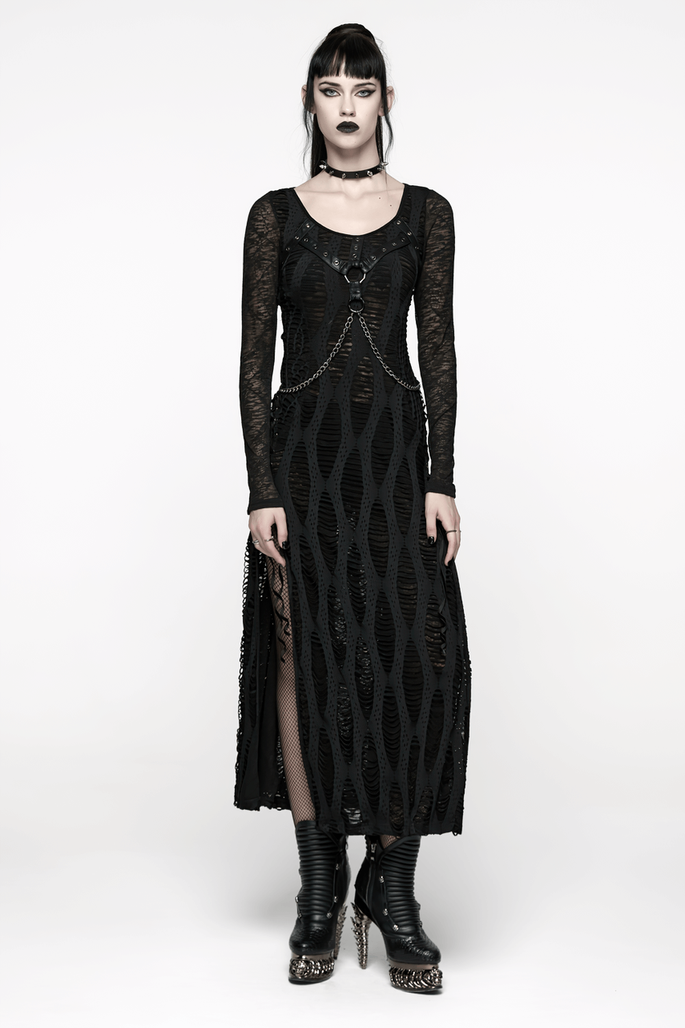 Gothic Long Sleeve Black Dress with Chains and Straps, featuring long sleeves, chains, and a striking silhouette.