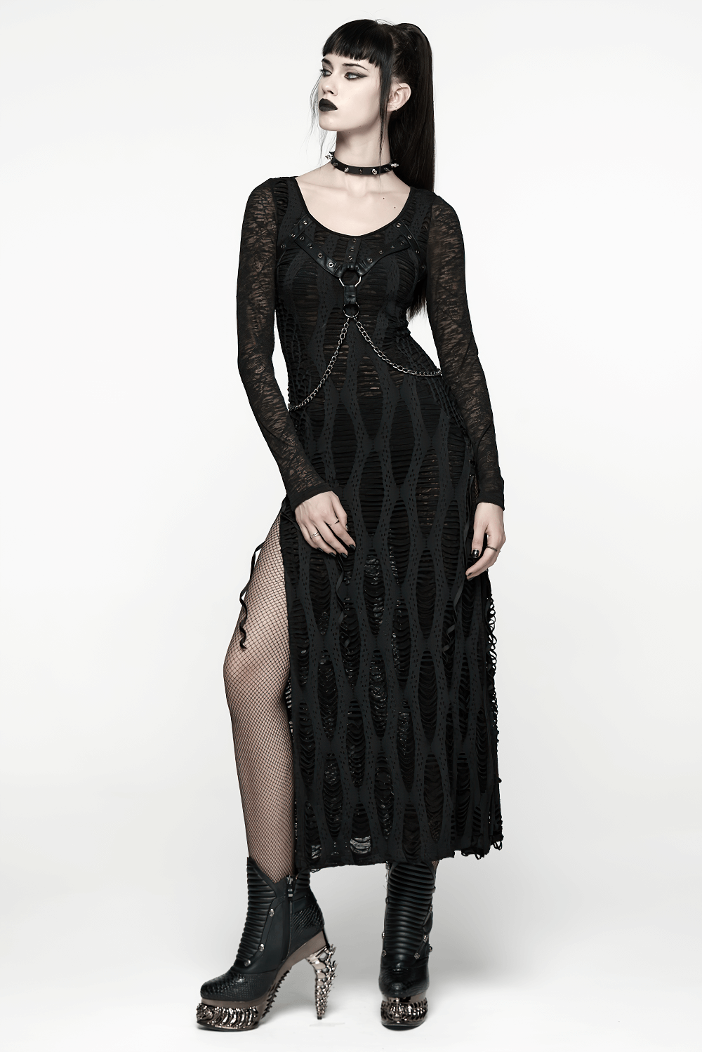 Gothic Long Sleeve Black Dress with Chains and Straps featuring decorative straps and a seductive silhouette.