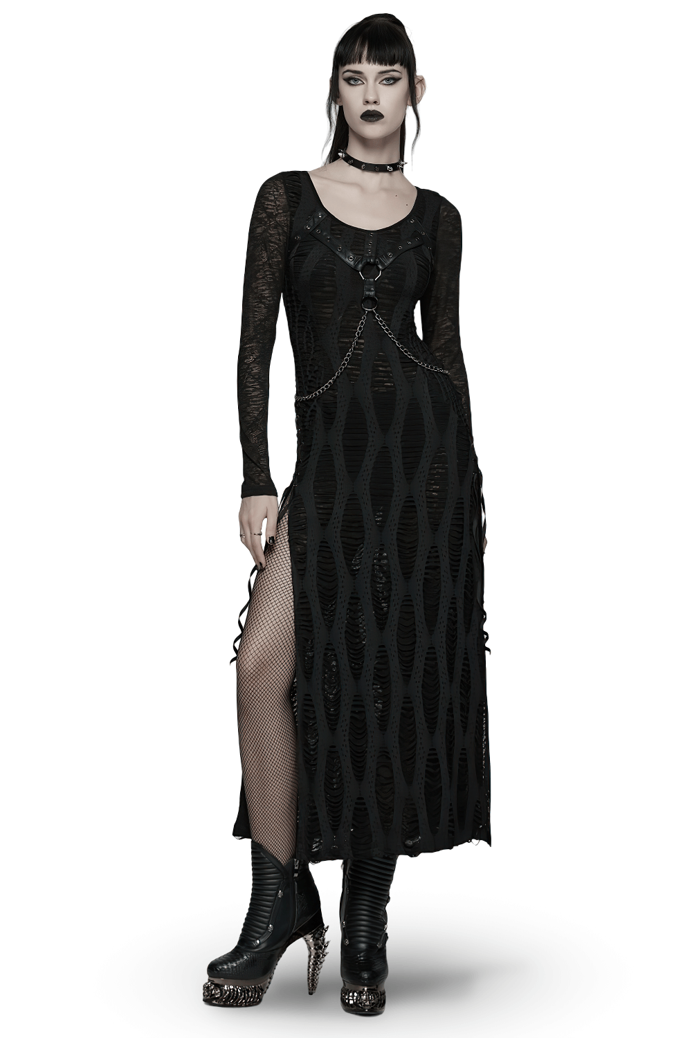 Gothic Long Sleeve Black Dress with Chains and Straps featuring chains, chest straps, and a seductive silhouette.